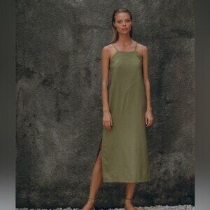 Aura The Label Linen Midi Dress – Green Olive Linen, Rare Discontinued (xs)
